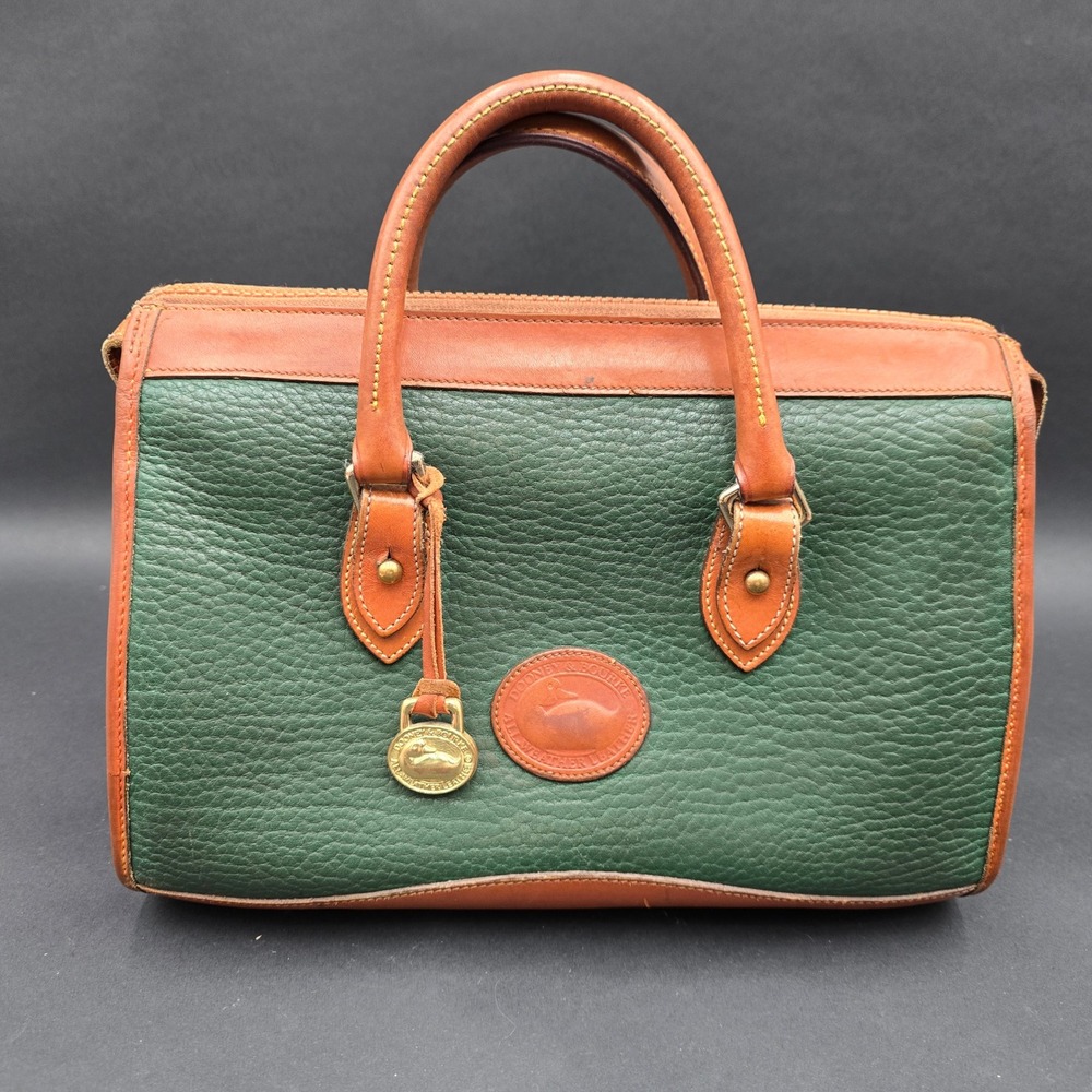 Vintage Dooney & Bourke All Weather Leather Satchel Green Tan Duck Charm USA